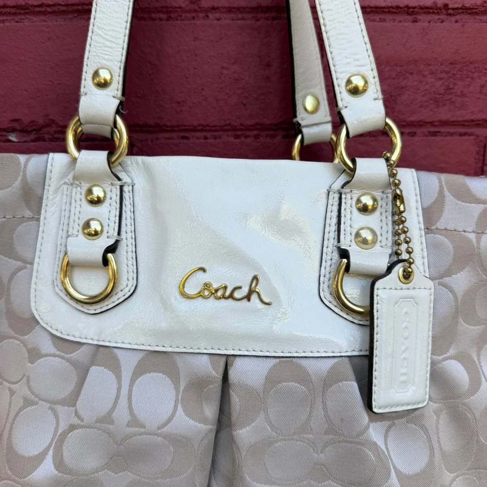 Coach Ashley Signature Satchel Bag F15510 Cream Beige Monogram Tote Sateen